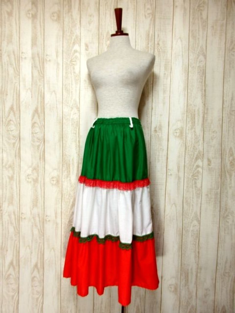 画像1: ティアード フラワーレース ホワイト グリーン レッド レトロ ヨーロッパ古着 ヴィンテージスカート