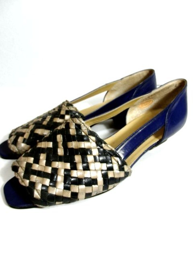 画像1: ヴィンテージパンプスサンダル 編み上げデザイン ブルー 約24cm【5111】