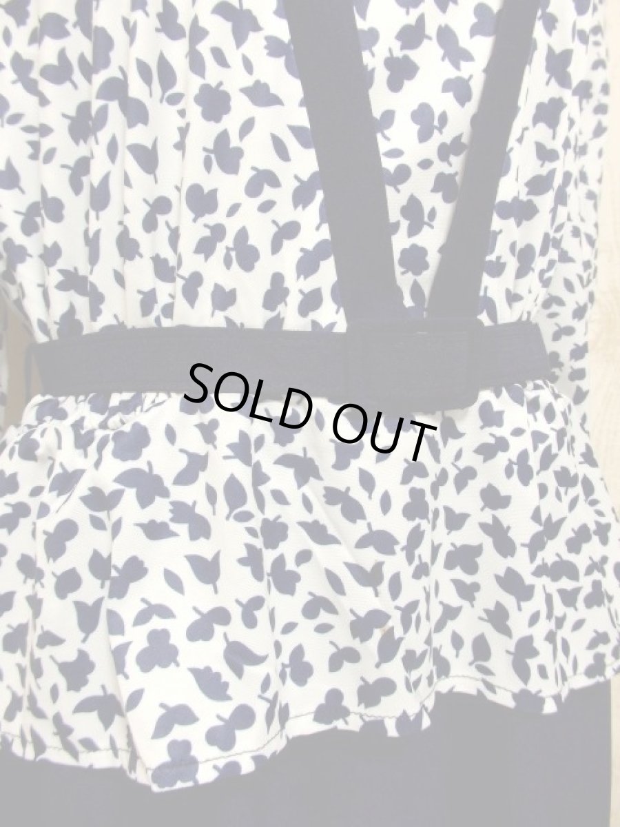 画像6: リーフ柄 ネイビー ホワイト ベルトSET ウエストゴム レトロ 長袖 ヨーロッパ古着 ヴィンテージドレス  (6)