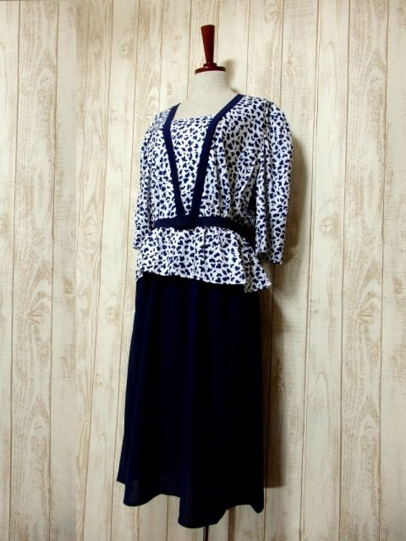 画像1: リーフ柄 ネイビー ホワイト ベルトSET ウエストゴム レトロ 長袖 ヨーロッパ古着 ヴィンテージドレス 