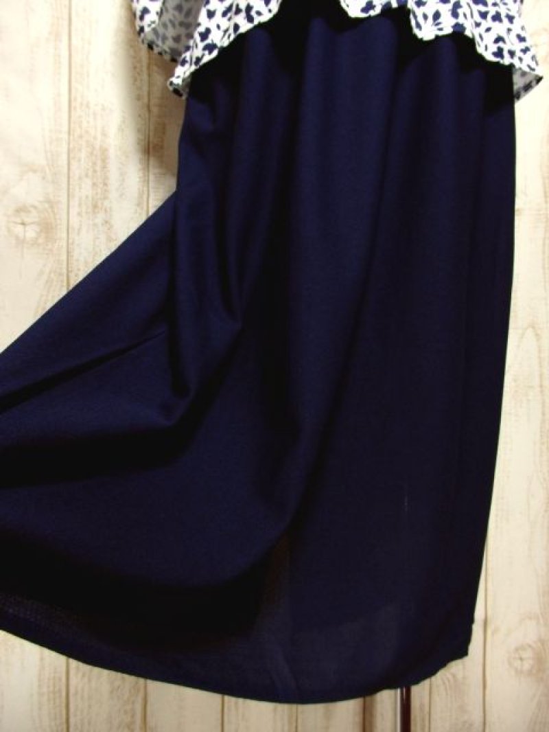 画像2: リーフ柄 ネイビー ホワイト ベルトSET ウエストゴム レトロ 長袖 ヨーロッパ古着 ヴィンテージドレス 