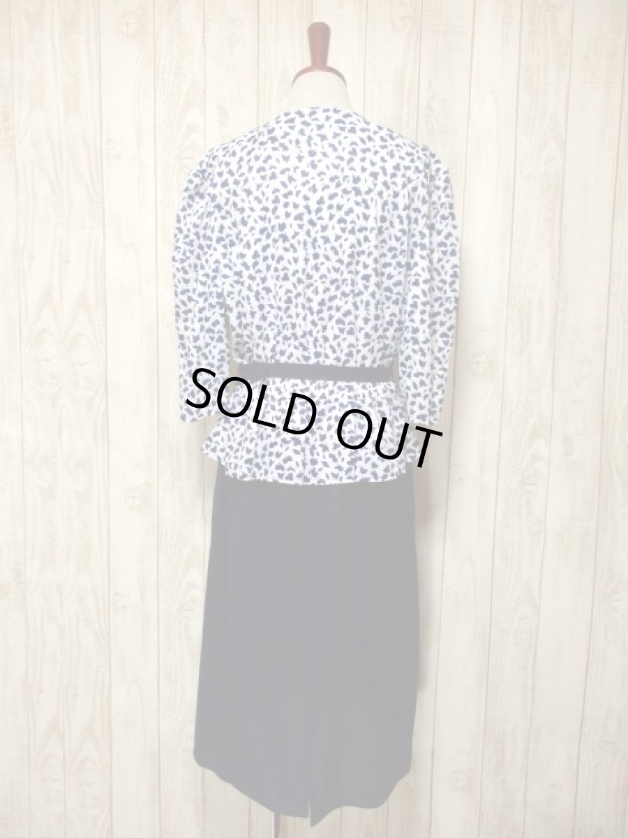 画像5: リーフ柄 ネイビー ホワイト ベルトSET ウエストゴム レトロ 長袖 ヨーロッパ古着 ヴィンテージドレス  (5)