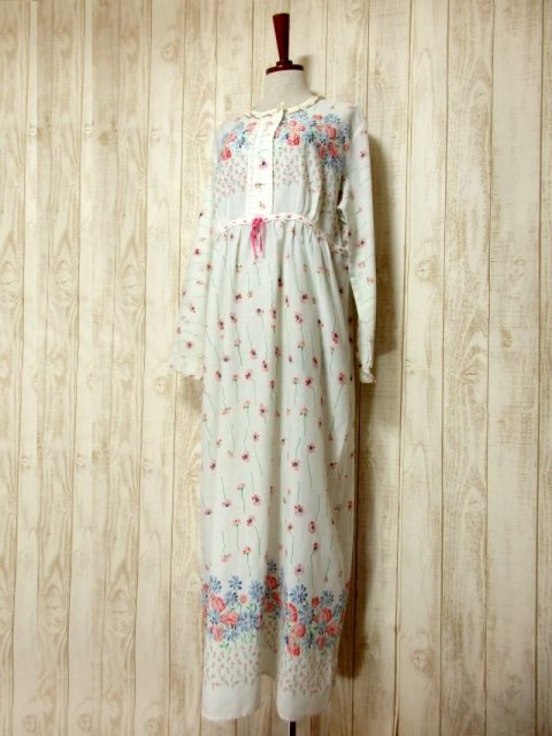 画像1: アンティークフラワープリント レース装飾 ウエストリボン レトロ 長袖 ヨーロッパ古着 ヴィンテージドレス 【5153】
