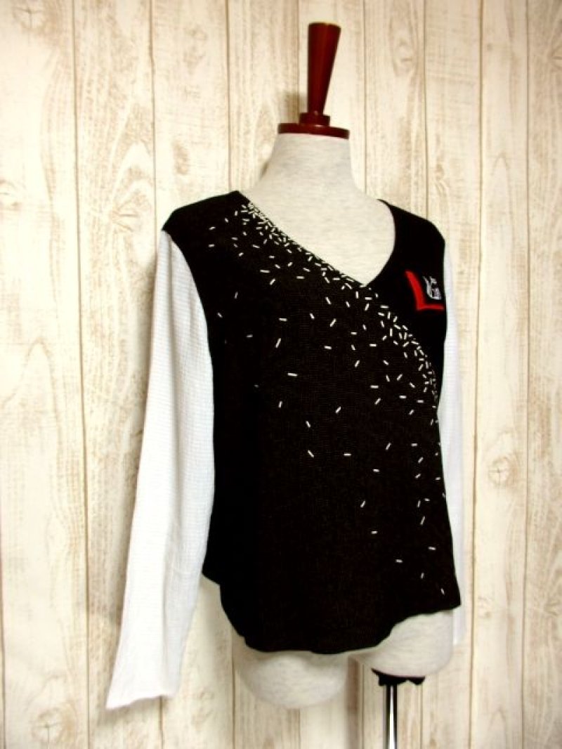 画像1: ネコ柄 猫柄 モノクロドット ブラック ホワイト アシンメトリーデザイン USA古着 長袖 シャツ ヴィンテージトップス