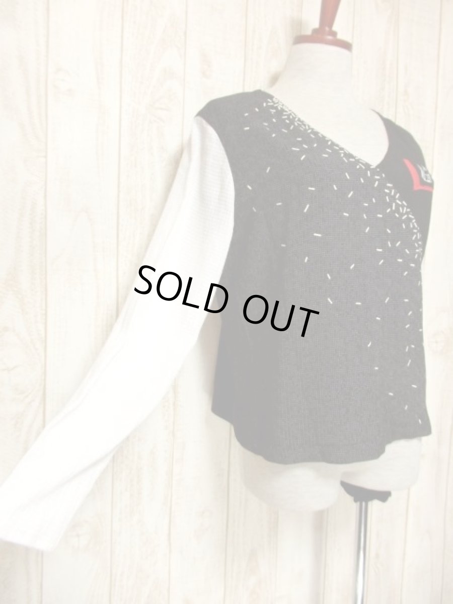 画像4: ネコ柄 猫柄 モノクロドット ブラック ホワイト アシンメトリーデザイン USA古着 長袖 シャツ ヴィンテージトップス (4)