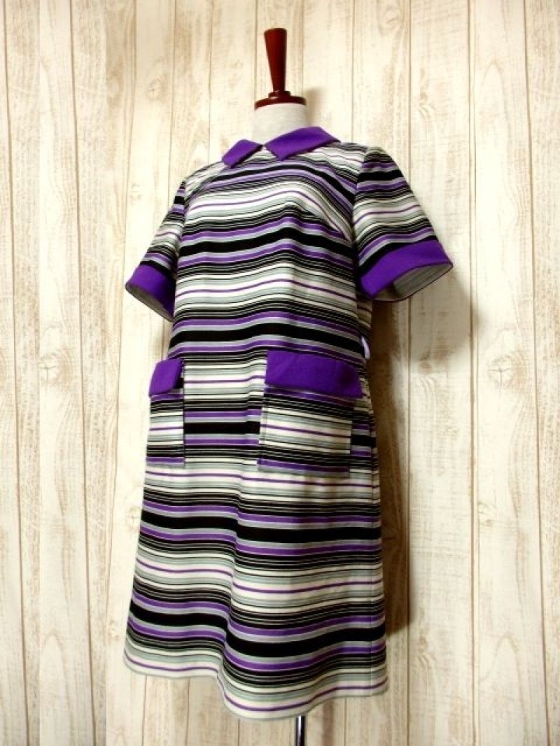 画像1: ボーダー柄 パープル ホワイト ブラック グレー レトロ ヨーロッパ古着 ヴィンテージワンピース