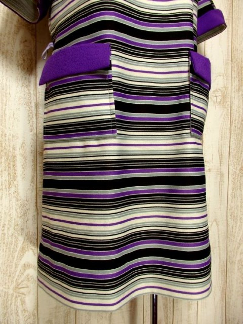 画像2: ボーダー柄 パープル ホワイト ブラック グレー レトロ ヨーロッパ古着 ヴィンテージワンピース