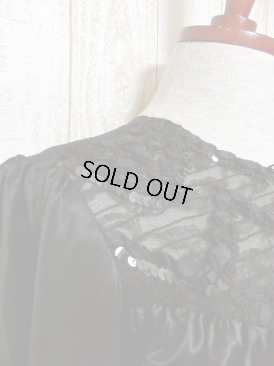 画像8: スパンコール ブラック レース装飾 レトロ 長袖 USA古着 ヴィンテージオールインワン (8)