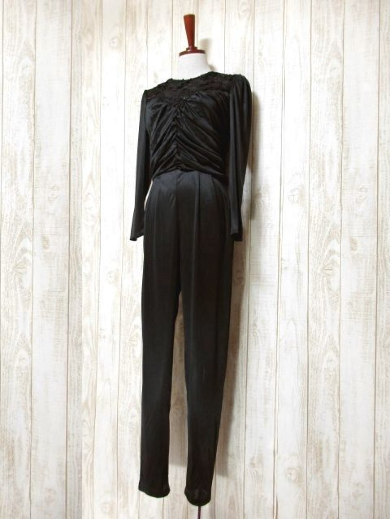 画像1: スパンコール ブラック レース装飾 レトロ 長袖 USA古着 ヴィンテージオールインワン