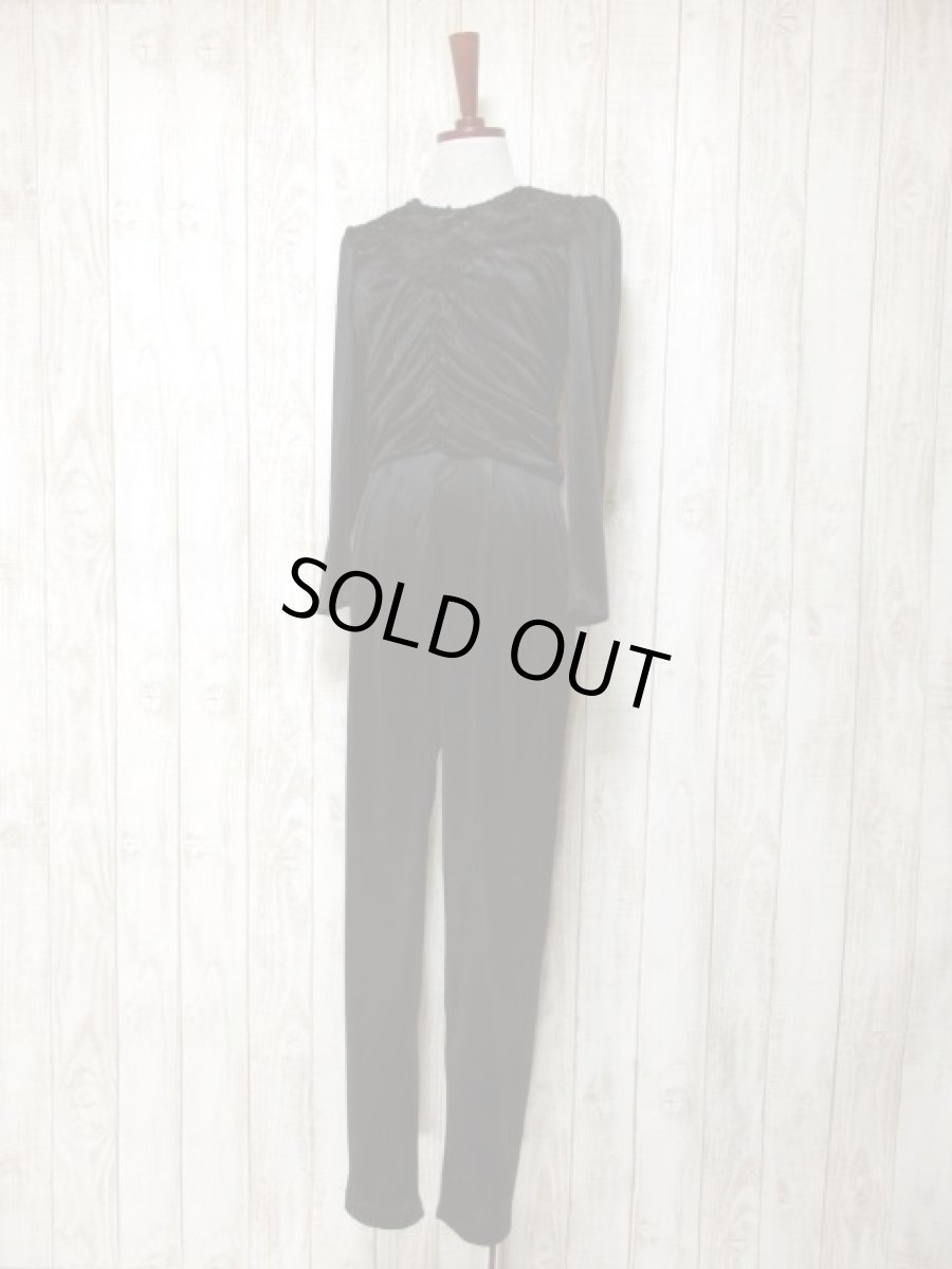 画像2: スパンコール ブラック レース装飾 レトロ 長袖 USA古着 ヴィンテージオールインワン (2)