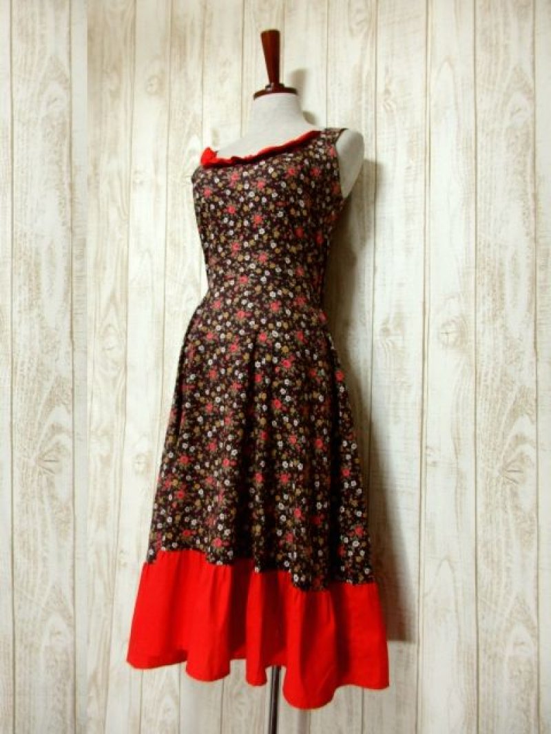 画像1: Aライン 花柄 切り替えし ノースリーブ レトロ ガーリー USA古着 ヴィンテージドレス【5261】