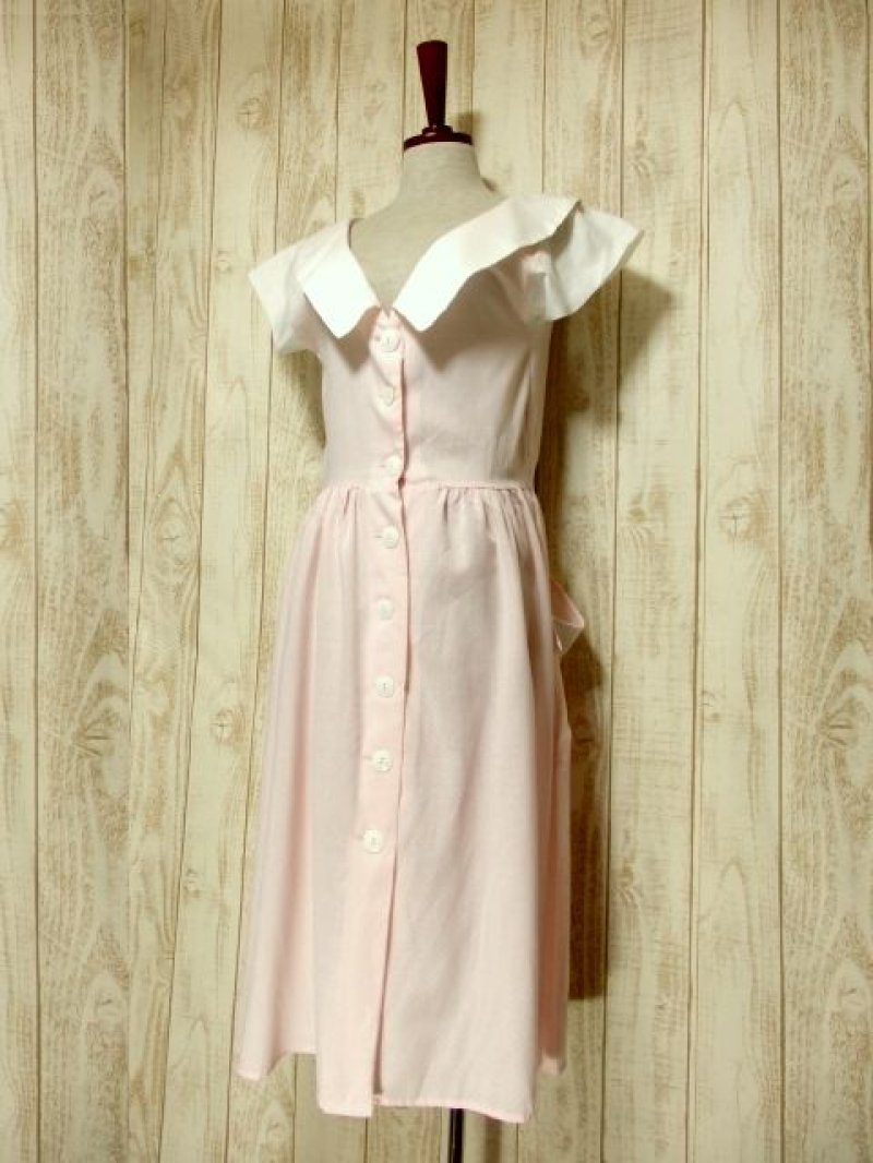 画像1: 大きな襟 ドット柄 ピンク ホワイト 半袖 レトロ USA古着 ヴィンテージワンピース【5334】