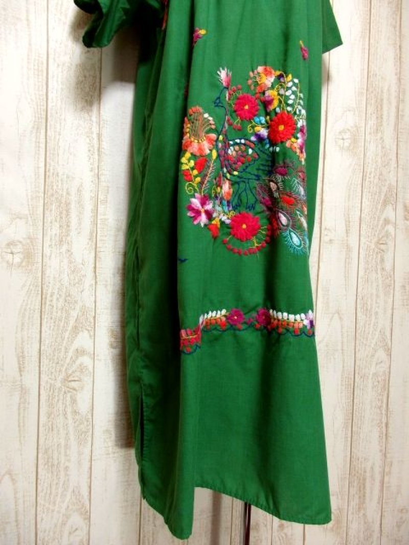 画像2: メキシカン刺繍 グリーン フォークロア 半袖 レトロ USA古着 ヴィンテージドレス【5351】