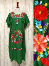 画像1: メキシカン刺繍 グリーン フォークロア 半袖 レトロ USA古着 ヴィンテージドレス【5351】 (1)