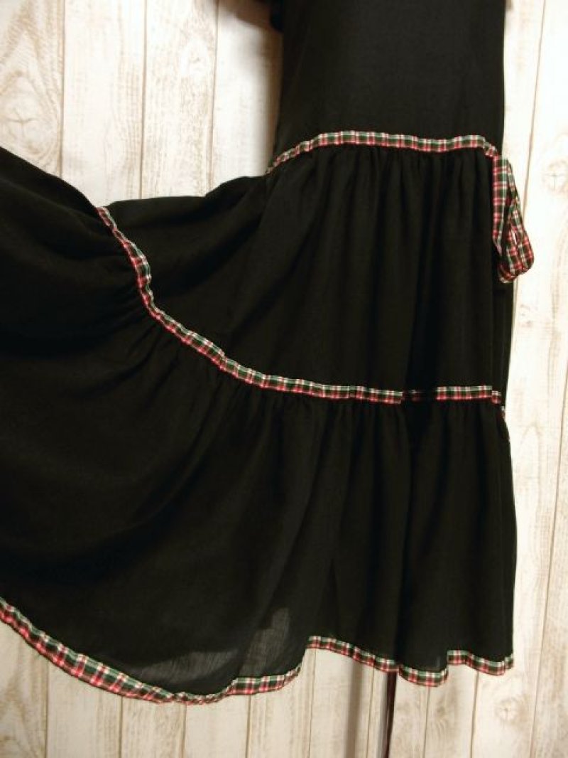 画像2: 大きな襟 チェック柄 ブラック ウエストリボン ノースリーブ レトロ ガーリー USA古着 ヴィンテージドレス【5362】
