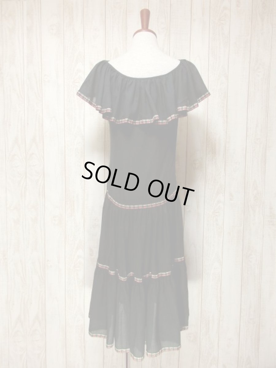 画像6: 大きな襟 チェック柄 ブラック ウエストリボン ノースリーブ レトロ ガーリー USA古着 ヴィンテージドレス【5362】 (6)