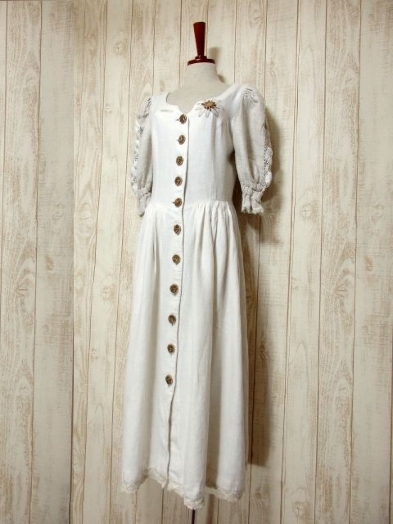 画像1: 大人フォークロア×かぎ編み切り返しデザイン レトロアンティークなウッド調ボタン装飾 ディアンドル チロルワンピース ドイツ民族衣装 舞台 演奏会 フォークダンス オクトーバーフェスト 【5375】