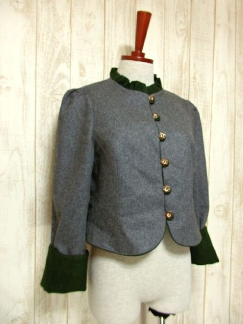 画像1: グレー グリーン 切り替えし スタンドカラー フォークロア レトロ ヨーロッパ古着 チロルジャケット【5470】