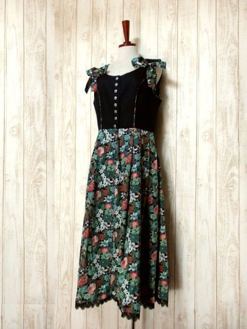 画像1: アンティークフラワープリント切り替えしデザイン×リボン×レース装飾 大人クラシカル ディアンドル チロルワンピース ドイツ民族衣装 舞台 演奏会 フォークダンス オクトーバーフェスト 【5546】