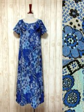 画像1: 花模様織り 衣装にもおすすめ 花柄 ブルー 華やか レトロ 半袖 ヨーロッパ古着 ヴィンテージドレス (1)