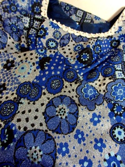 画像3: 花模様織り 衣装にもおすすめ 花柄 ブルー 華やか レトロ 半袖 ヨーロッパ古着 ヴィンテージドレス