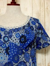画像8: 花模様織り 衣装にもおすすめ 花柄 ブルー 華やか レトロ 半袖 ヨーロッパ古着 ヴィンテージドレス (8)