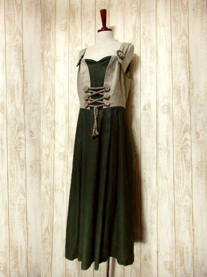 画像1: 大人フォークロア×切り返しデザイン 大きなウッド調ボタン×ブレード装飾 ディアンドル チロルワンピース ドイツ民族衣装 舞台 演奏会 フォークダンス オクトーバーフェスト 【5684】