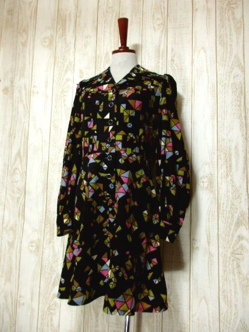 画像1: 70's 幾何学柄 ブラック 長袖 昭和レトロ 国産古着 レトロワンピース 【5692】