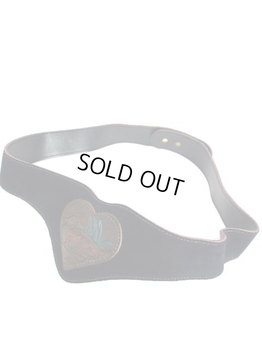 画像9: 鳥 型押し ネイビーブラック ハート レザー ゴム レトロアンティーク ヴィンテージ USA 古着 ベルト【5713】 (9)