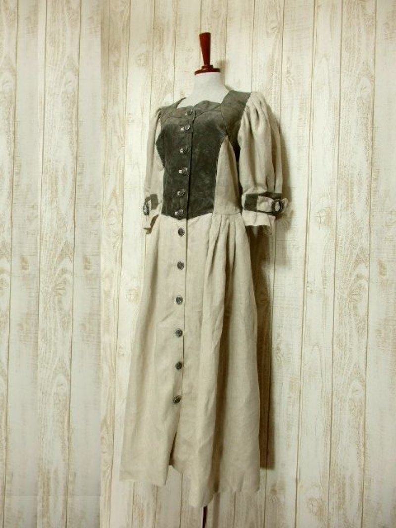 画像1: 大人フォークロア×本革レザー切り返しデザイン レトロアンティークなフラワーボタン装飾 ディアンドル チロルワンピース ドイツ民族衣装 舞台 演奏会 フォークダンス オクトーバーフェスト 【5749】