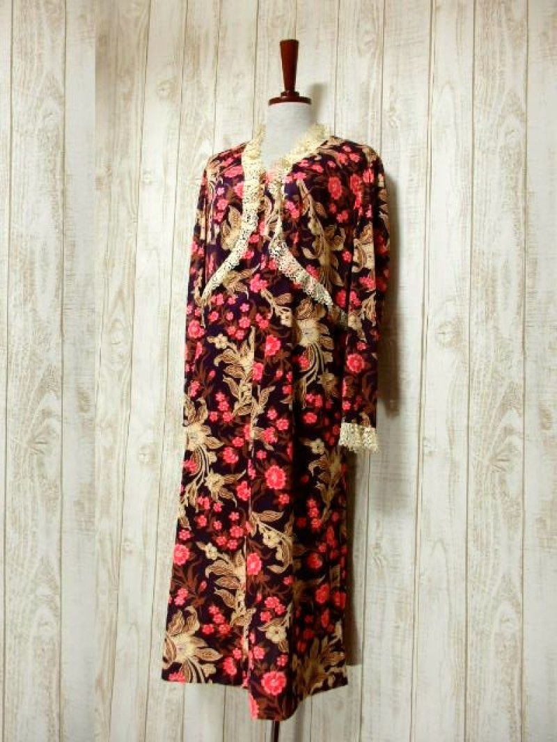 画像1: 70's 花柄 レース 切り替えし レトロ 長袖 USA古着 ヴィンテージマキシワンピース 【5763】