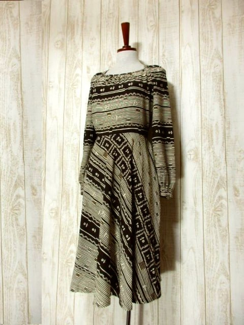 画像1: レトロワンピース ストライプ ボーダー 花柄 切り替えし 70's 長袖 古着