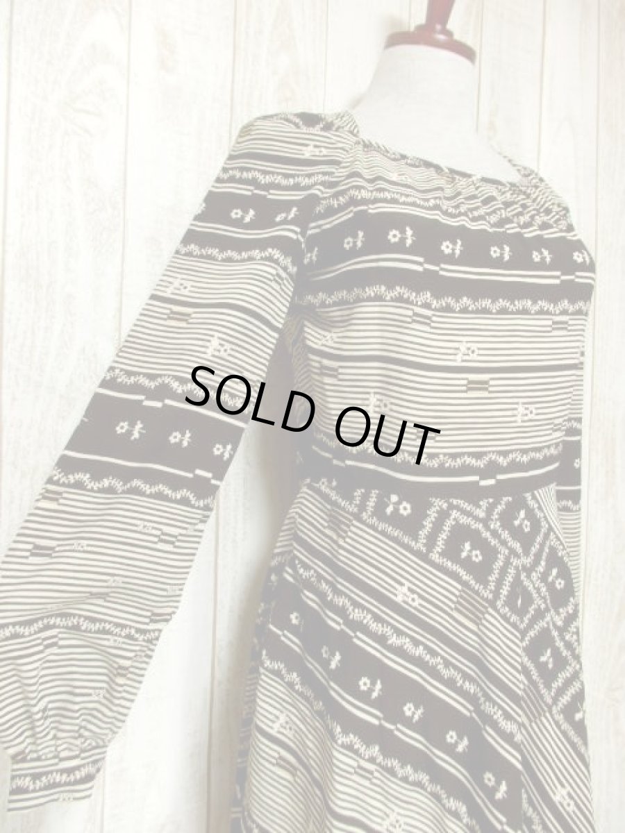 画像4: レトロワンピース ストライプ ボーダー 花柄 切り替えし 70's 長袖 古着 (4)