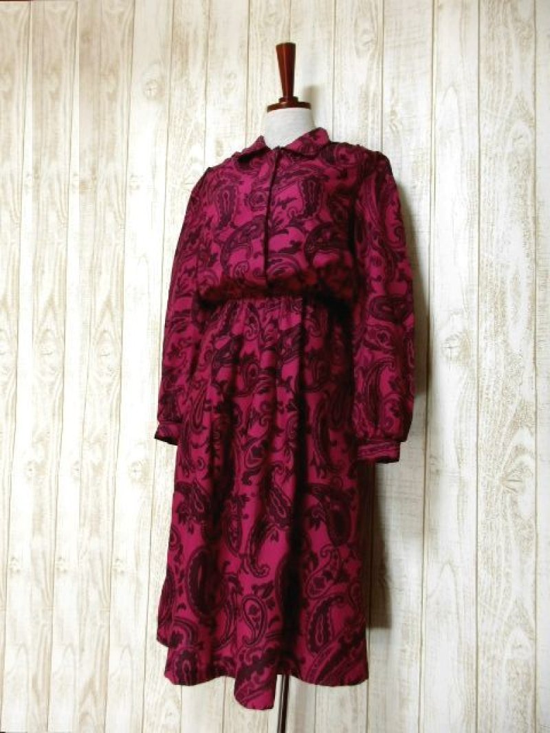 画像1: ペイズリー柄 ストライプ パープル ブラック ウエストゴム レトロ 長袖 USA古着 ヴィンテージワンピース 【5784】
