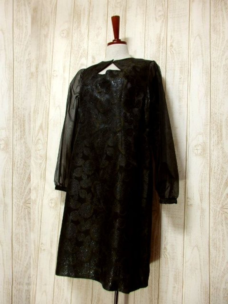 画像1: 花模様 リーフ模様 織り ブラック 長袖 レトロ クラシカル ヨーロッパ古着 ヴィンテージドレス 【5868】 