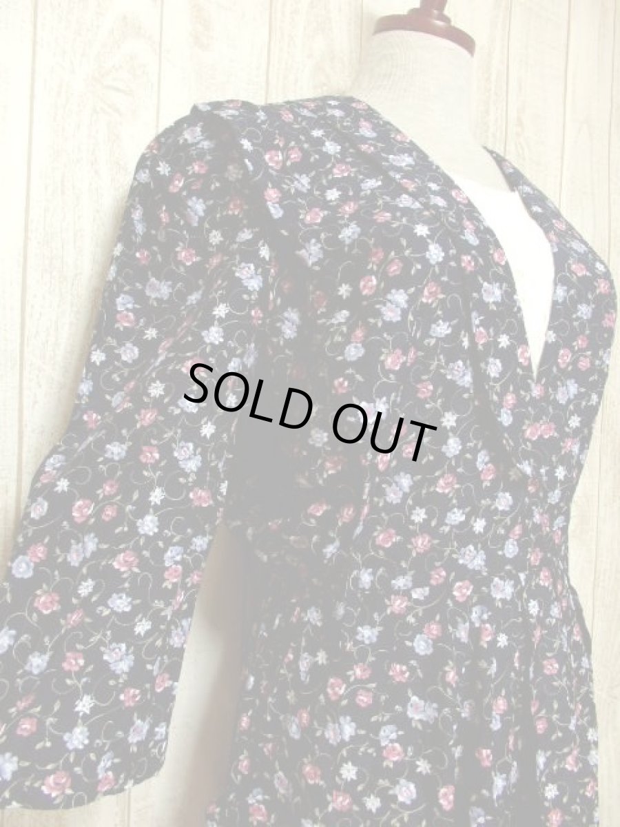 画像4: レース 花柄 ネイビー ウエストゴム 長袖 レトロ クラシカル USA古着 ヴィンテージワンピース 【5879】 (4)