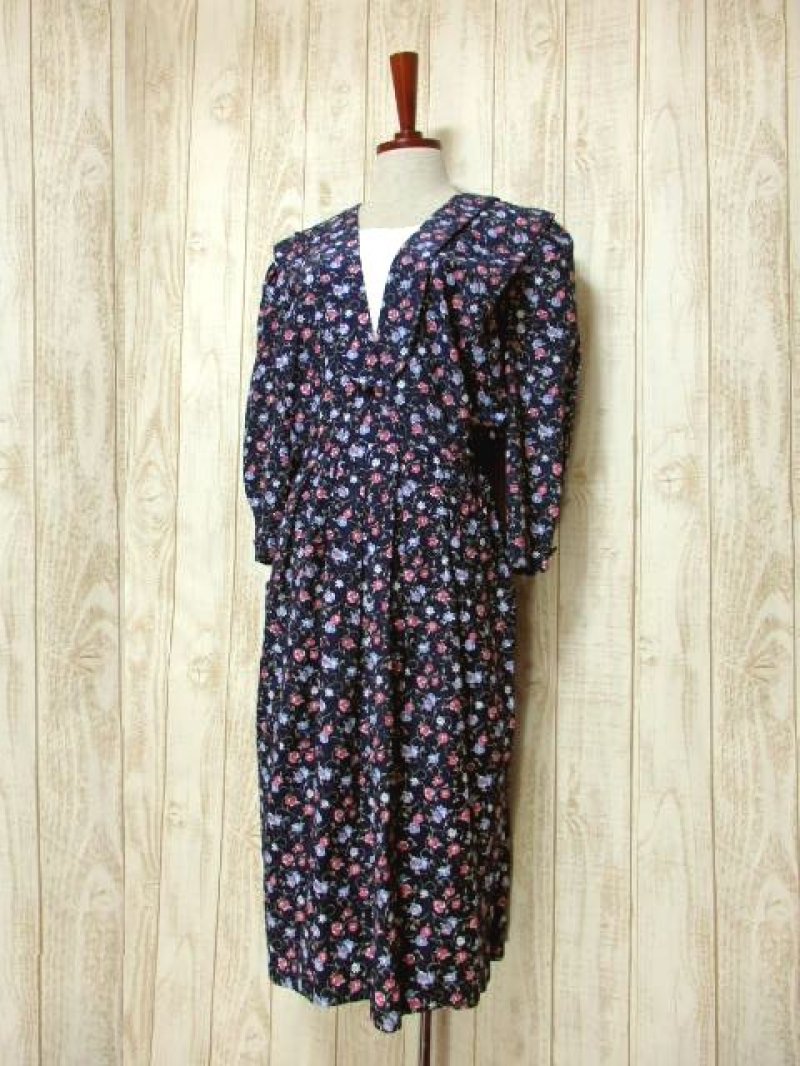 画像1: レース 花柄 ネイビー ウエストゴム 長袖 レトロ クラシカル USA古着 ヴィンテージワンピース 【5879】