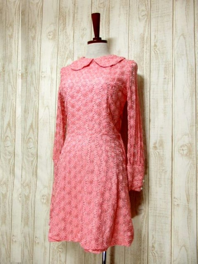 画像1: ヨーロッパ古着 ヴィンテージ ドレス 総レース 刺繍 ピンク レトロ 長袖