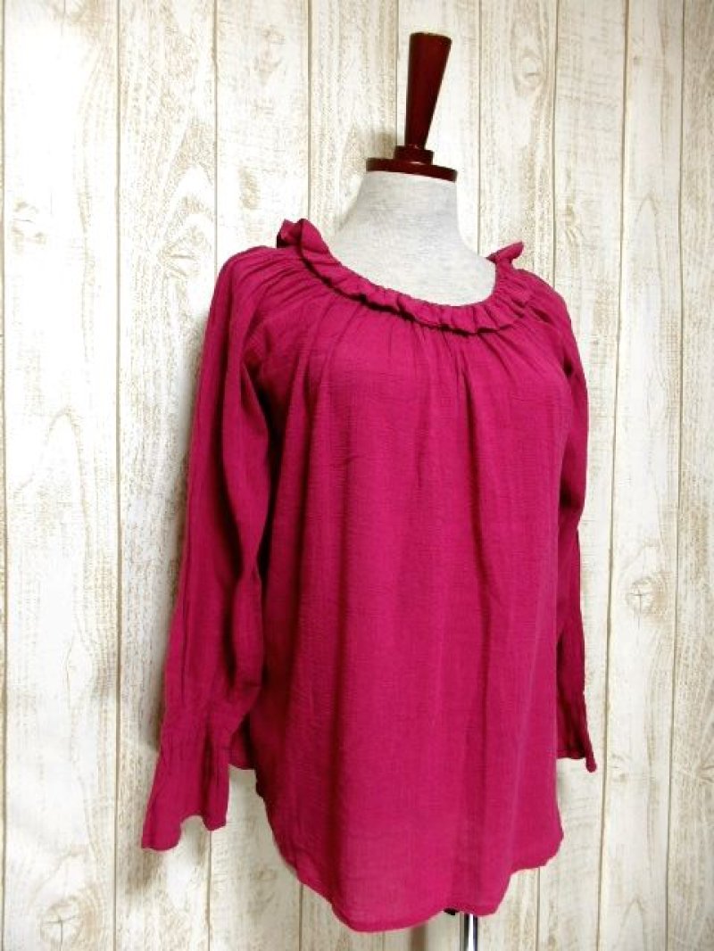 画像1: 【1500円均一対象商品】 インドコットン フリルデザイン ふんわり 長袖 シャツ ヴィンテージトップス