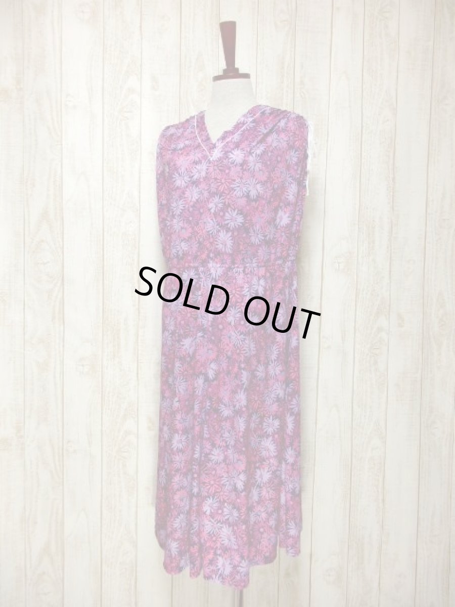 画像2: 花柄 パープルグラデーション 両肩リボン ウエストゴム レトロ ヨーロッパ古着 ヴィンテージワンピース【5938】 (2)