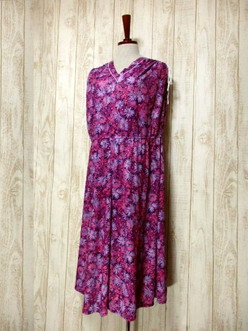 画像1: 花柄 パープルグラデーション 両肩リボン ウエストゴム レトロ ヨーロッパ古着 ヴィンテージワンピース【5938】