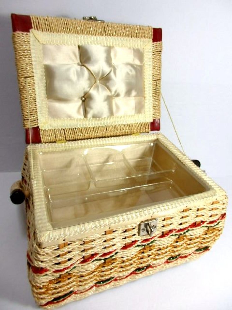 画像1: 1970年代sewing boxソーイングバスケット♪女の子×風景×ゴブラン織り!!裁縫・HandMade好きな方にもおすすめ【5979】
