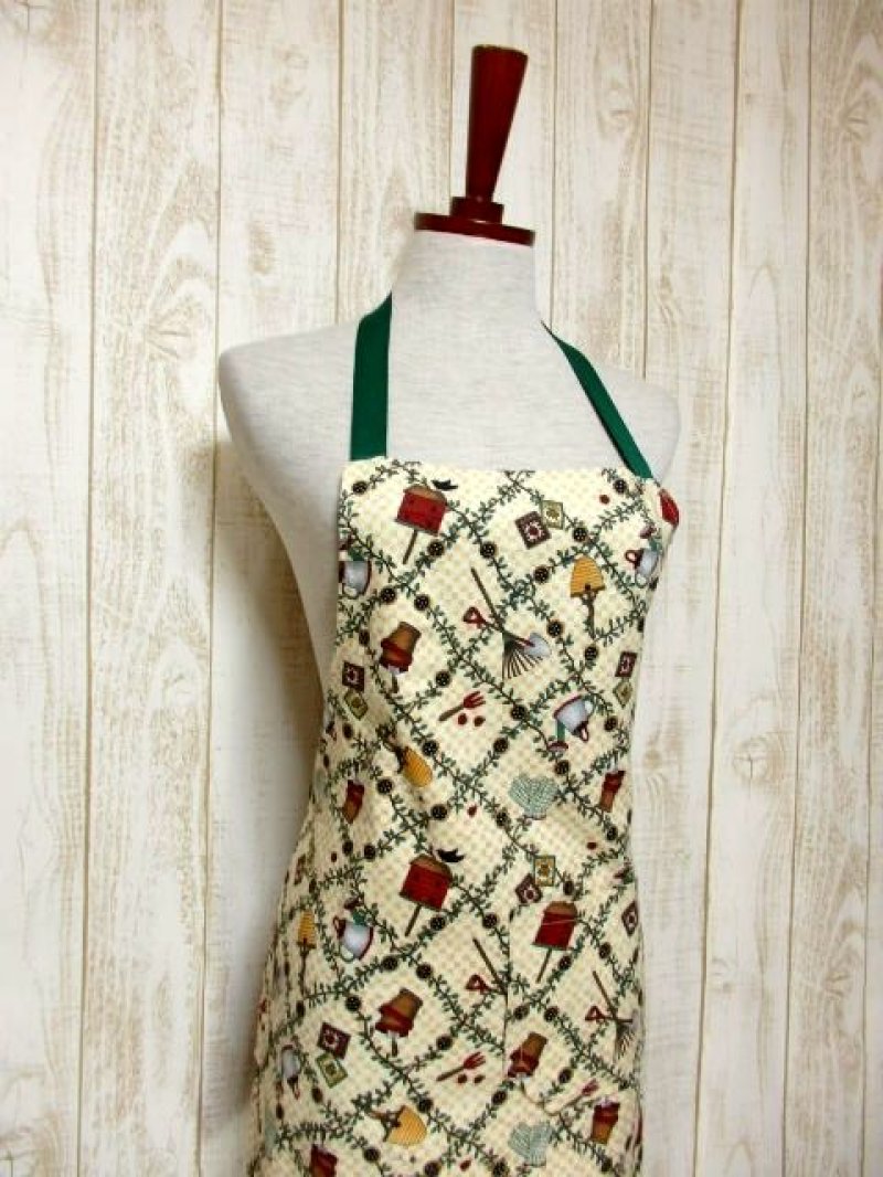 画像1: ヨーロッパ古着　EUROヴィンテージエプロンドレス　鳥小屋×鳥×植物×ガーデニング用具柄