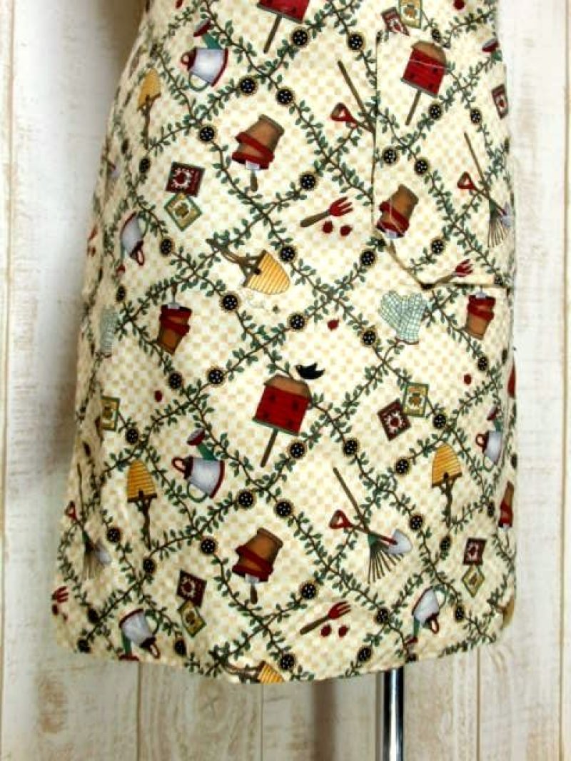 画像2: ヨーロッパ古着　EUROヴィンテージエプロンドレス　鳥小屋×鳥×植物×ガーデニング用具柄