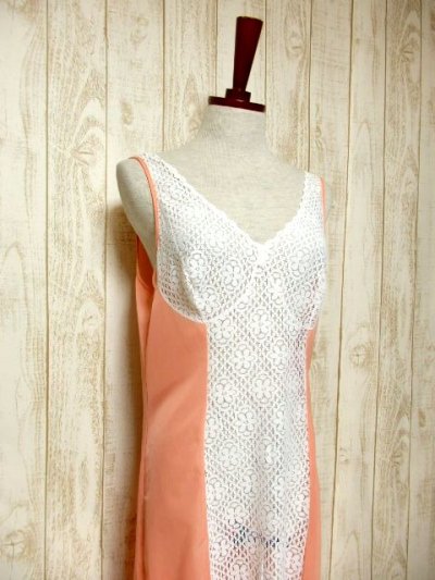画像1: ヨーロッパ古着　重ね着にも便利で可愛い!!Flower lace切り替えしデザイン★ヨーロッパスリップドレス　White×Salmon pink