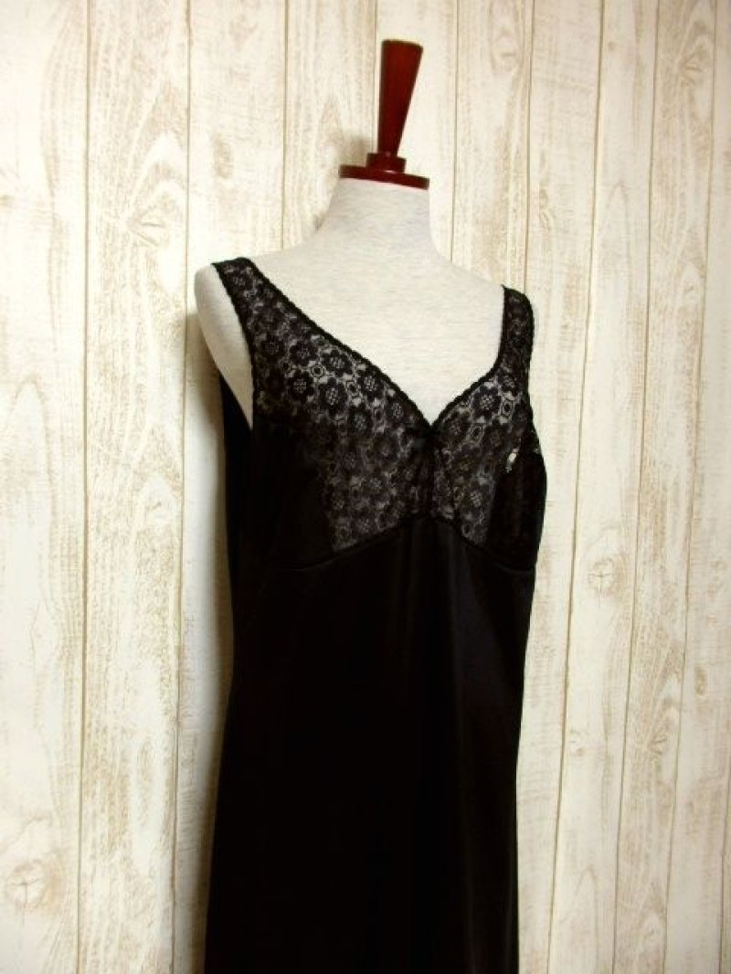 画像1: ヨーロッパ古着　重ね着にも便利で可愛い!!Flower lace×リボン装飾★ヨーロッパスリップドレス　Black