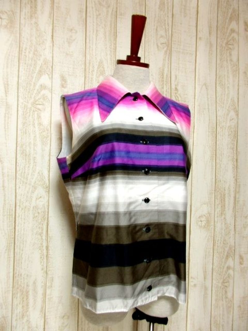 画像1: ヨーロッパ古着 マルチカラー ボーダー柄 大人レトロ ノースリーブ シャツ ヴィンテージブラウス