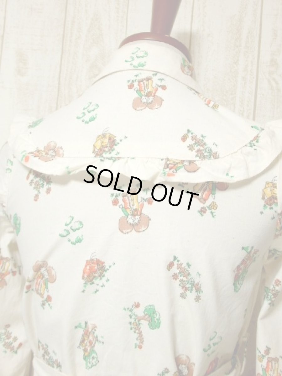 画像6: 子供柄 House×Tree×Flower オフホワイト リボン フリル 長袖 昭和レトロ 国産古着 レトロワンピース 【6047】 (6)