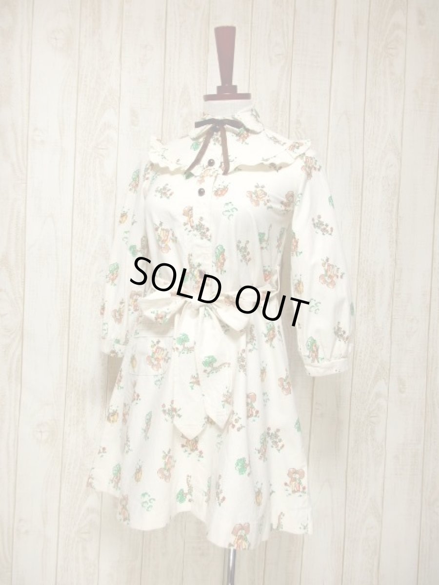 画像2: 子供柄 House×Tree×Flower オフホワイト リボン フリル 長袖 昭和レトロ 国産古着 レトロワンピース 【6047】 (2)