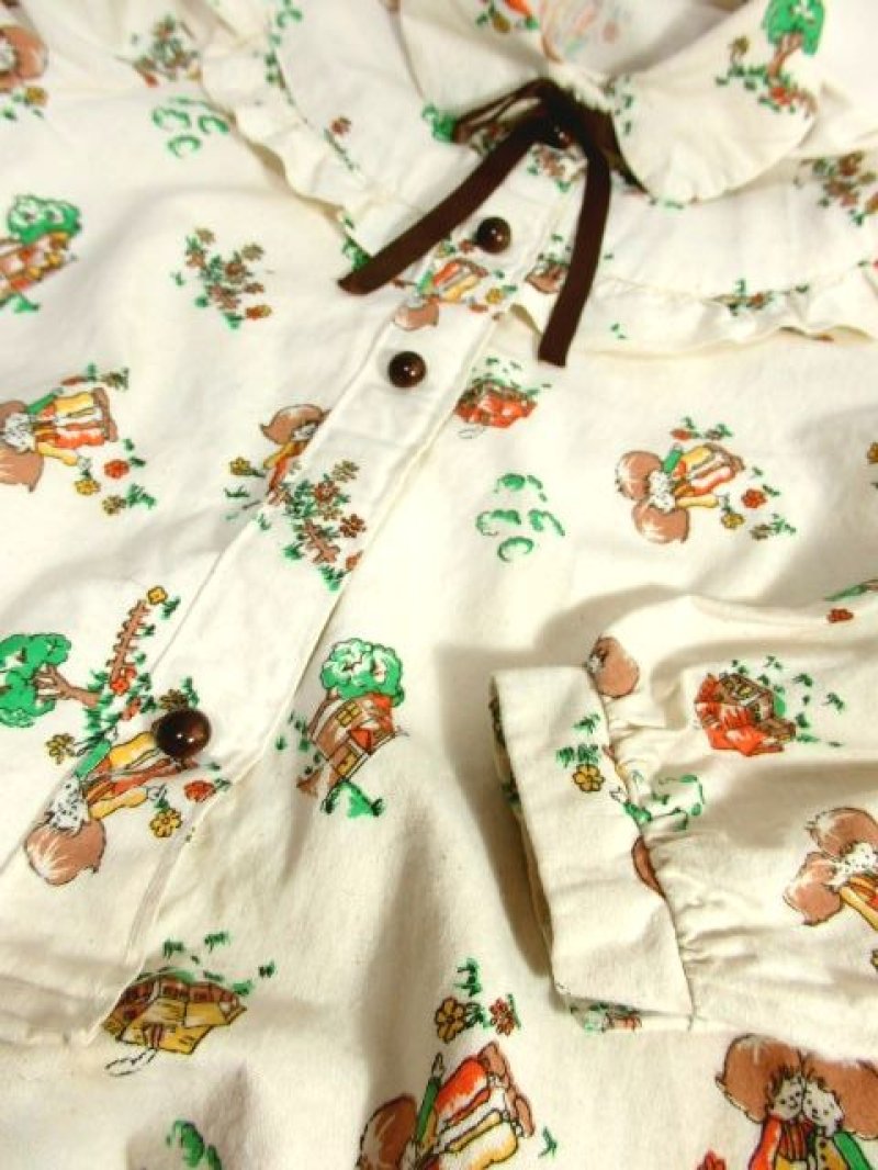 画像3: 子供柄 House×Tree×Flower オフホワイト リボン フリル 長袖 昭和レトロ 国産古着 レトロワンピース 【6047】